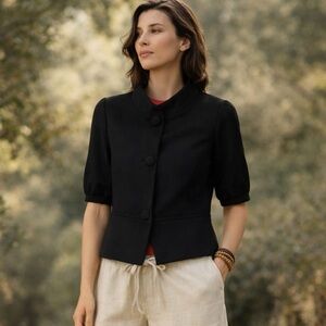 Vintage Worthington Black Crop Mod Short Sleeve Lined Trapeze Blazer Size Medium